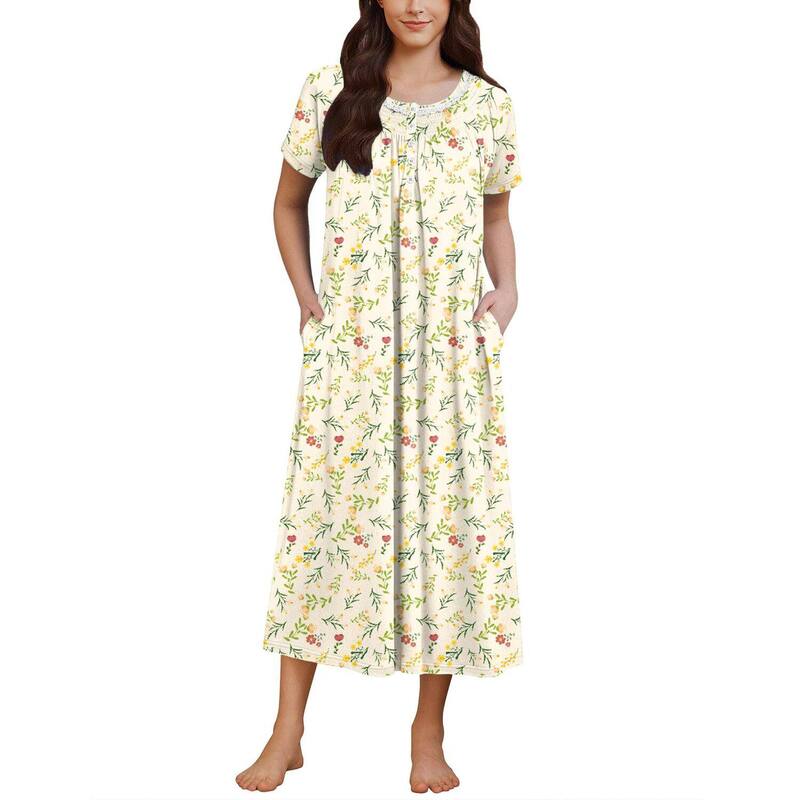エコアー レディース アンダーウェア ナイトウェア シャツ Ekouaer Womens Nightgown Short Sleeve House Dress with Pocketsoft Sleepshirts Green Leaf グリーン｜ReVida 店