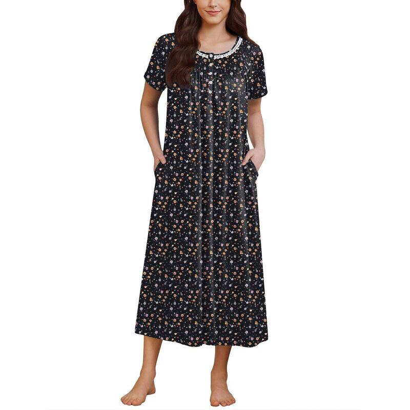 エコアー レディース アンダーウェア ナイトウェア シャツ Ekouaer Womens Nightgown Short Sleeve House Dress with Pocketsoft Sleepshirts Navy Blue Floral ネイビー|ReVida 店