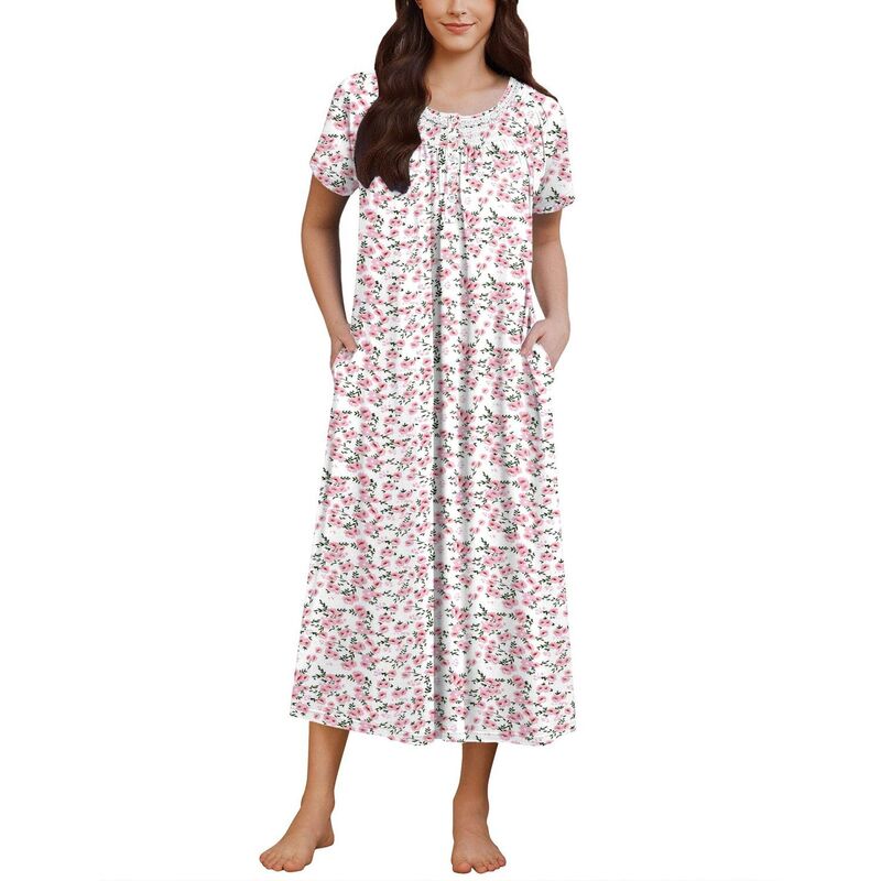 エコアー レディース アンダーウェア ナイトウェア シャツ Ekouaer Womens Nightgown Short Sleeve House Dress with Pocketsoft Sleepshirts Pink Flower ピンク｜ReVida 店 8,954円