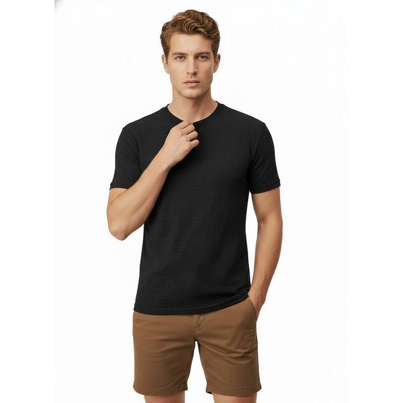 ジョイジョイ メンズ トップス Tシャツ スリムフィット クルーネック ニット JoyJoy Men's Textu red Geometric Knit-Shirt, Crew Neck Short Sleeve Casual Tee, Slim Fit Basic Top Black ブラック|ReVida 店