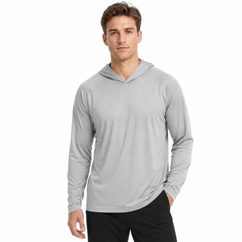 ジョイジョイ メンズ トップス Tシャツ JoyJoy Men UPF Sun Protection Hooded Long Sleeve Shirt Quick Dry Fishing Hiking Outdoor Thumb Hole Tee Grey グレー｜ReVida 店