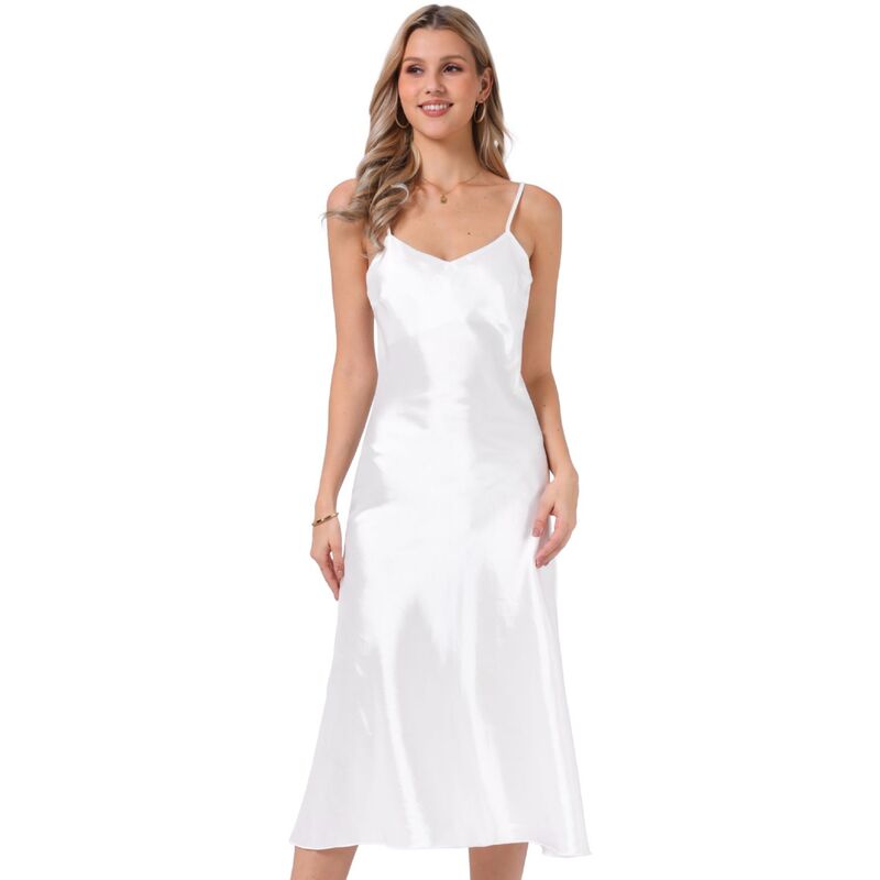 インスパイア シック レディース トップス ワンピース Vネック サテン シルク ノースリーブ マキシ INSPIRE CHIC Satin Sleeveless Dresses for Women's V Neck Spaghetti Strap Evening Party Silky Maxi Dress White ホワイト｜ReVida 店