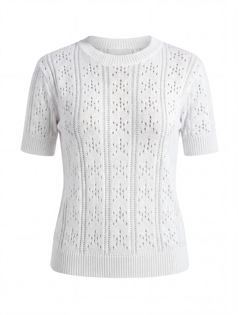 ファンジュライ レディース アウター ニット・セーター クルーネック シャツ ブラウス FUNJULY Women's Casual Knit Shirts Hollow Out Short Sleeve Crew Neck Blouses Lightweight Summer Tops White ホワイト｜ReVida 店