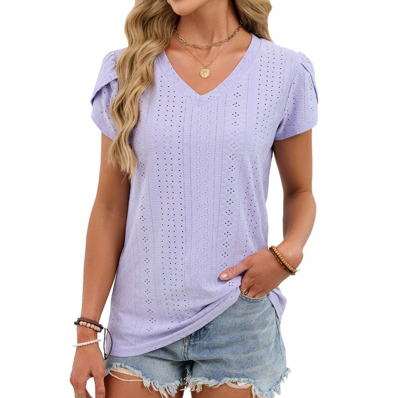 エリートチョイス レディース トップス Tシャツ Vネック ブラウス Elitechoice Trendy Petal Sleeve V Neck Blouse Women'solid Color Loose Fit Summer Tops for Fashion Outfits Purple パープル｜ReVida 店 8,725円