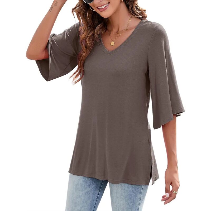 エリートスピリット レディース トップス シャツ Vネック EliteSpirit Women's 3/4 Bell Sleeve V Neck Loose Fitunic Tops Coffee コーヒー|ReVida 店