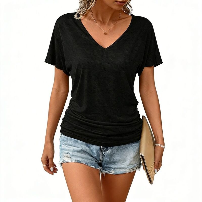 イエスファッション レディース トップス シャツ Vネック ギャザー Yesfashion Women's V Neck Dolman Short Sleeve T-Shirt Ruched Side Casualoose Fitee for Work Black ブラック|ReVida 店