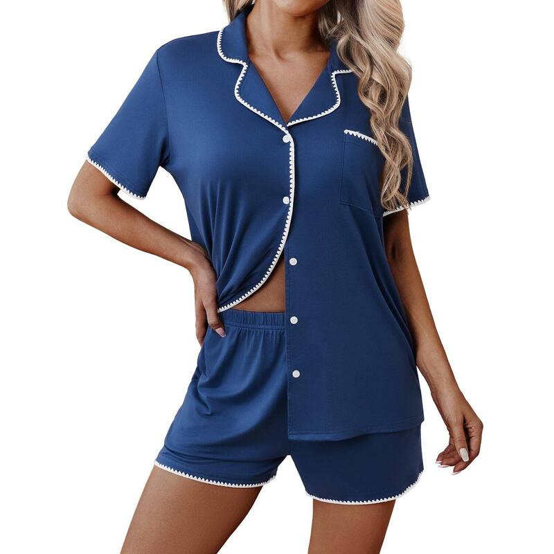 エコアー レディース アンダーウェア ナイトウェア Ekouaer Pajamas for Women Set 2 Piece Soft Button Upjshort Sleeve Summer Lounge Sets Comfy Navy Blue ネイビー｜ReVida 店