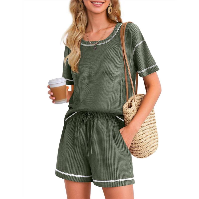 エコアー レディース アンダーウェア ナイトウェア ショートパンツ ニット Ekouaer Women's Waffle Knit Lounge Set Short Sleeve Top and Shorts with Pocket Army Green グリーン｜ReVida 店
