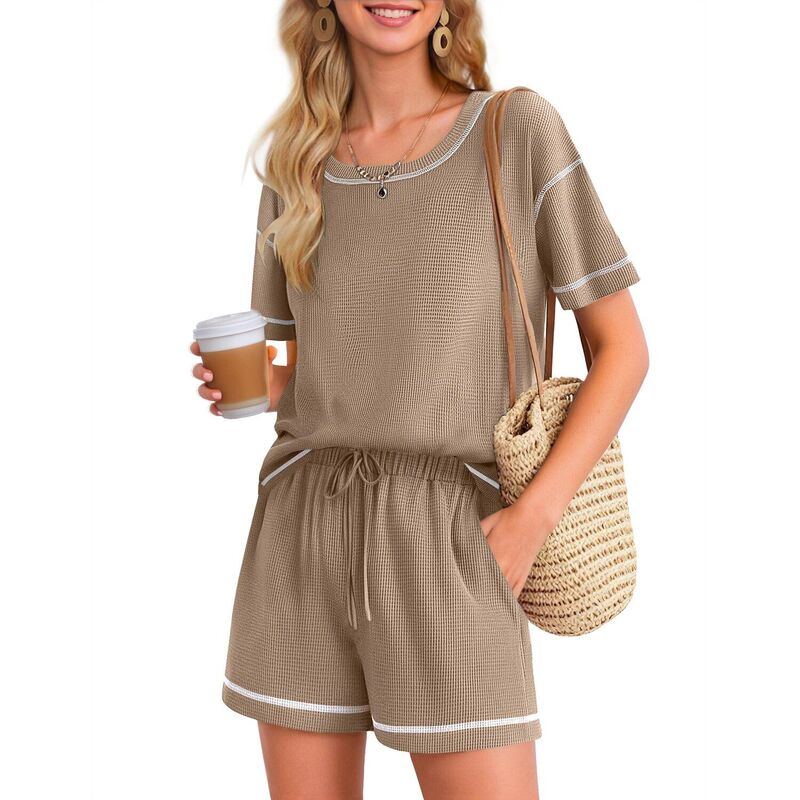 エコアー レディース アンダーウェア ナイトウェア ショートパンツ ニット Ekouaer Women's Waffle Knit Lounge Set Short Sleeve Top and Shorts with Pocket Khaki カーキ|ReVida 店