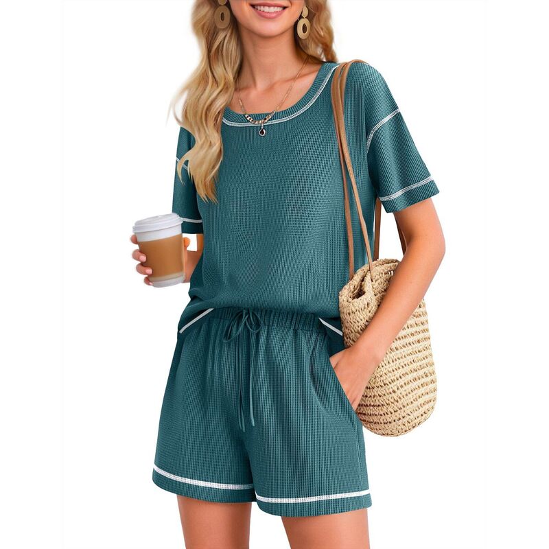 エコアー レディース アンダーウェア ナイトウェア ショートパンツ ニット Ekouaer Women's Waffle Knit Lounge Set Short Sleeve Top and Shorts with Pocket Peacock Blue ブルー|ReVida 店