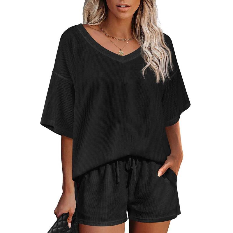 エコアー レディース アンダーウェア ナイトウェア Vネック ニット Ekouaer Womens 2 Pc Short Sleeve Waffle Knit V Neck Off Shoulder Casualoose Fit Sweatsuit Outfits Black ブラック|ReVida 店