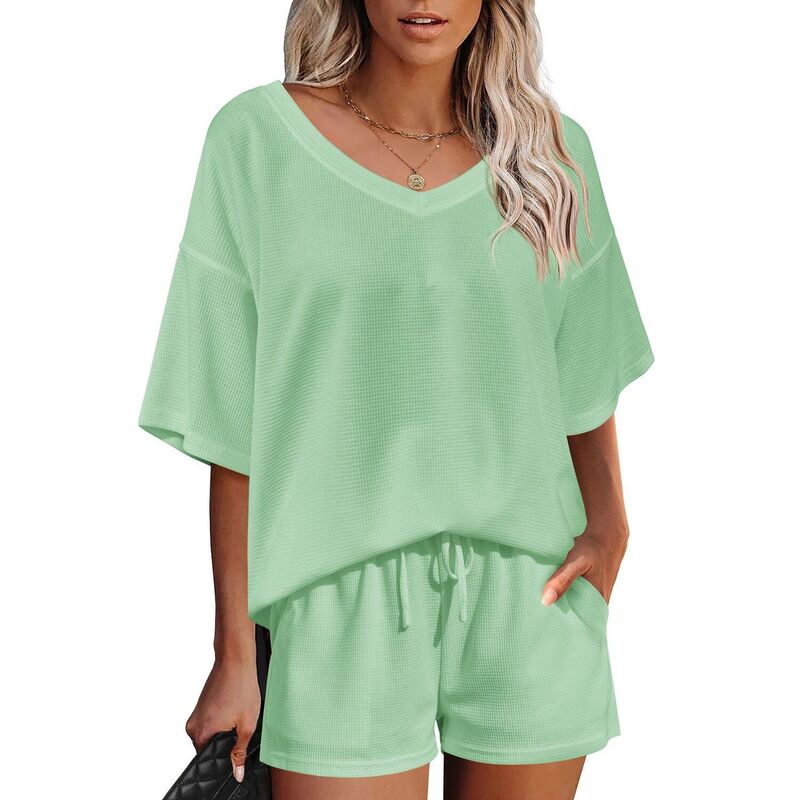 エコアー レディース アンダーウェア ナイトウェア Vネック ニット Ekouaer Womens 2 Pc Short Sleeve Waffle Knit V Neck Off Shoulder Casualoose Fit Sweatsuit Outfits Green グリーン｜ReVida 店