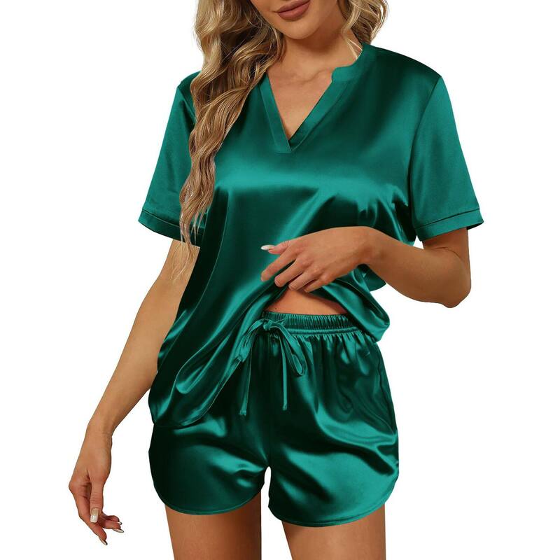 エコアー レディース アンダーウェア ナイトウェア Vネック シルク Ekouaer Silk Pajamas for Women Short Sleeve Sleepwear Two piece Pjset Soft V Neck Loungewear Dark Green グリーン｜ReVida 店