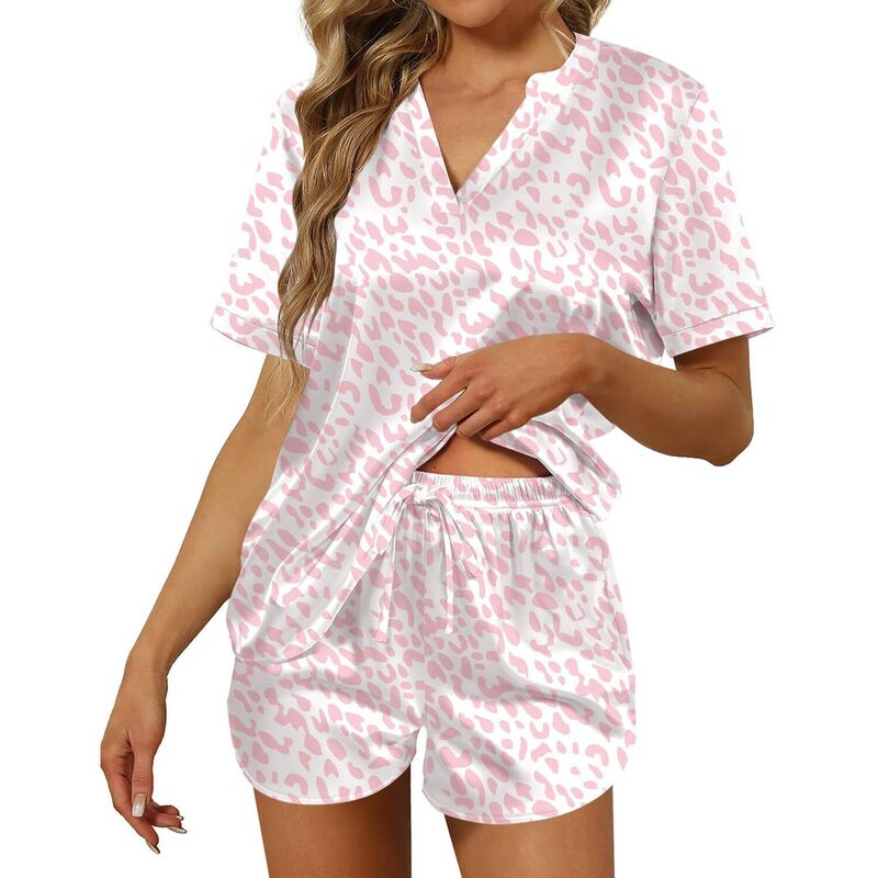 エコアー レディース アンダーウェア ナイトウェア Vネック シルク Ekouaer Silk Pajamas for Women Short Sleeve Sleepwear Two piece Pjset Soft V Neck Loungewear Pink Leopard ピンク｜ReVida 店 8,610円