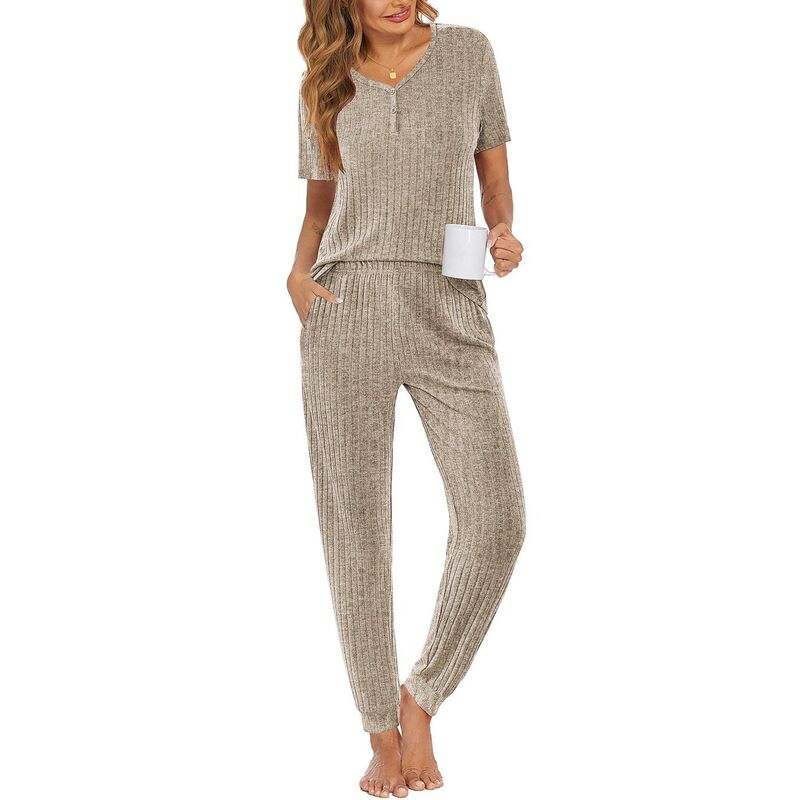 エコアー レディース アンダーウェア ナイトウェア リブニット パンツ ニット Ekouaer Pajama Sets for Womens Rib Knit Lounge Set Jogger Pantshort Sleeve Sleepwear 2 Piece Taupe トープ｜ReVida 店 8,380円