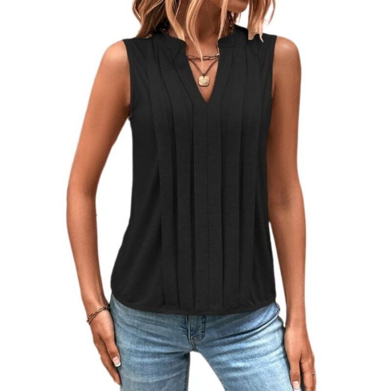 エリートチョイス レディース トップス シャツ Vネック プリーツ ベスト ノースリーブ Elitechoice Women's V Neck Sleeveless Vest Casual Dressy Loose Fit Pleated Tank Top Black ブラック｜ReVida 店
