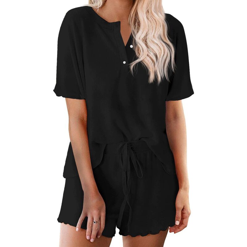 エコアー レディース アンダーウェア ナイトウェア Ekouaer Women &rsquo; soft Lightweight Lounge Set Short Sleeve Top Black ブラック｜ReVida 店