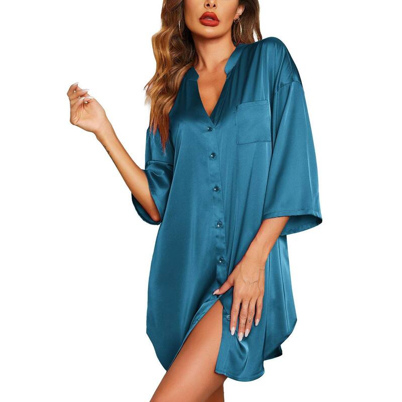 エコアー レディース アンダーウェア ナイトウェア Vネック シャツ サテン Ekouaer Sleepshirt Women V Neck Satinightgown Cute Boyfriend Buttonight Shirt Soft Loose Sleep Blue Green ブルー｜ReVida 店