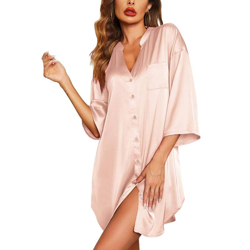 エコアー レディース アンダーウェア ナイトウェア Vネック シャツ サテン Ekouaer Sleepshirt Women V Neck Satinightgown Cute Boyfriend Buttonight Shirt Soft Loose Sleep Champagne シャンパン|ReVida 店