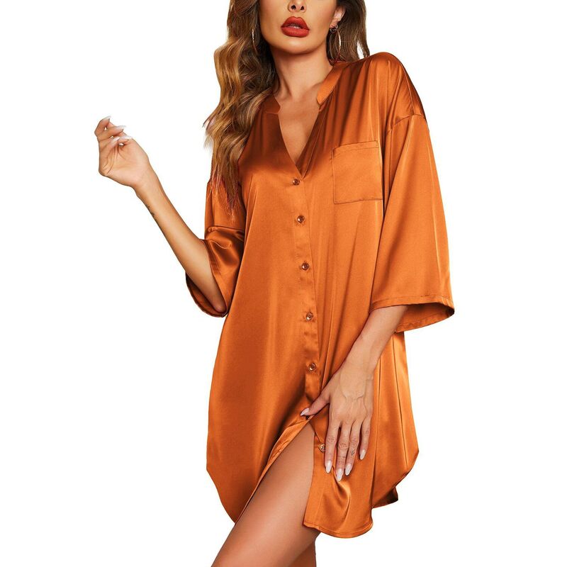 エコアー レディース アンダーウェア ナイトウェア Vネック シャツ サテン Ekouaer Sleepshirt Women V Neck Satinightgown Cute Boyfriend Buttonight Shirt Soft Loose Sleep Orange オレンジ|ReVida 店