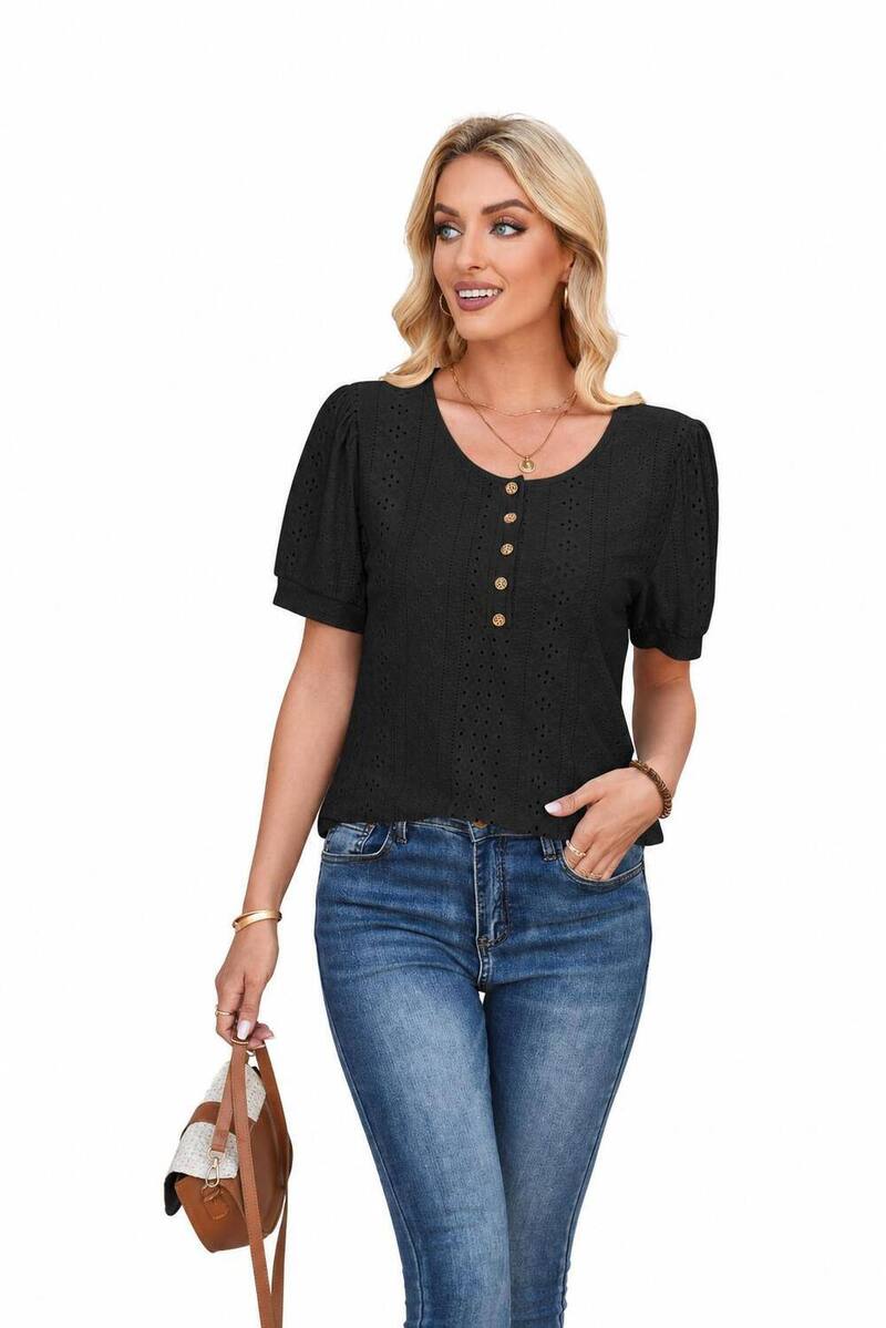 ファンジュライ レディース トップス シャツ ブラウス FUNJULY Women'summer Short Sleeve T-Shirt Button Round Neck Blouse Black ブラック｜ReVida 店
