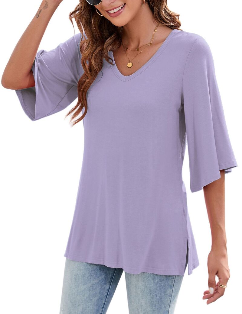 クリアラブ レディース トップス Tシャツ Vネック ブラウス Clearlove Women's V Neck 3/4 Sleeve Top Summer Casualoose Fit Solid Color Blouse Purple パープル｜ReVida 店