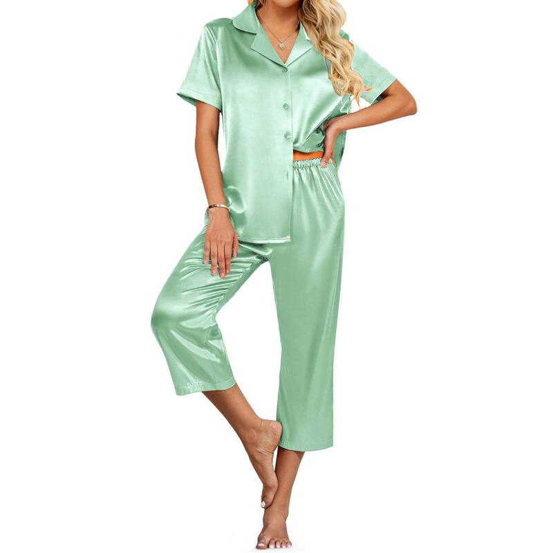エコアー レディース アンダーウェア ナイトウェア ボタンダウン サテン ダウン キャップ Ekouaer Womensatin Pajamas Capri Pjs 2 Piece Lounge Setshort Sleeve Button Down Sleepwear Light Green グリーン｜ReVida 店 8,266円