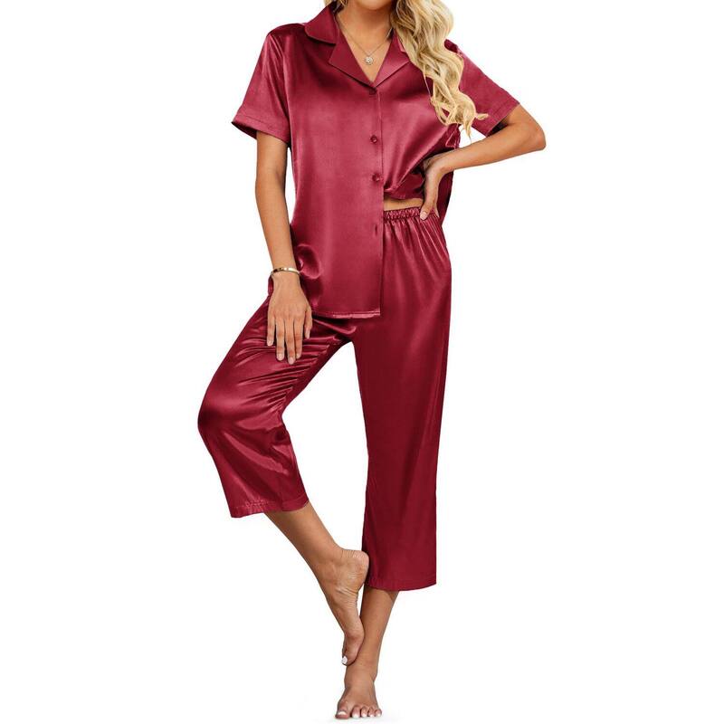 エコアー レディース アンダーウェア ナイトウェア ボタンダウン サテン ダウン キャップ Ekouaer Womensatin Pajamas Capri Pjs 2 Piece Lounge Setshort Sleeve Button Down Sleepwea red レッド｜ReVida 店