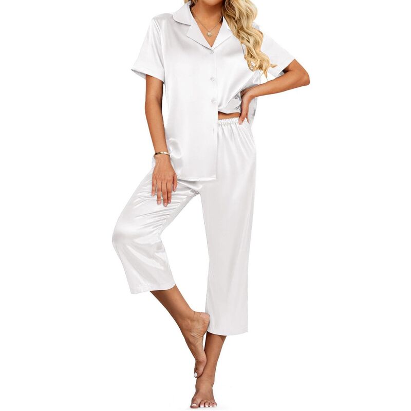 エコアー レディース アンダーウェア ナイトウェア ボタンダウン サテン ダウン キャップ Ekouaer Womensatin Pajamas Capri Pjs 2 Piece Lounge Setshort Sleeve Button Down Sleepwear White ホワイト|ReVida 店