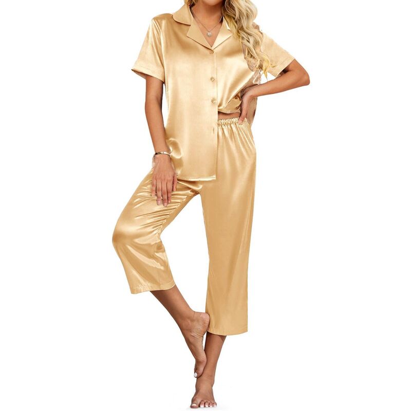 エコアー レディース アンダーウェア ナイトウェア ボタンダウン サテン ダウン キャップ Ekouaer Womensatin Pajamas Capri Pjs 2 Piece Lounge Setshort Sleeve Button Down Sleepwear Yellow イエロー｜ReVida 店 8,266円