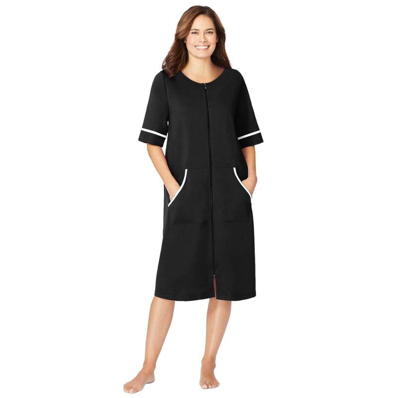 エコアー レディース アンダーウェア ナイトウェア コート Ekouaer Womens Zipperobe Short Sleeve Duster Housecoat Short Bathrobes Zip Front Nightgown Black ブラック｜ReVida 店
