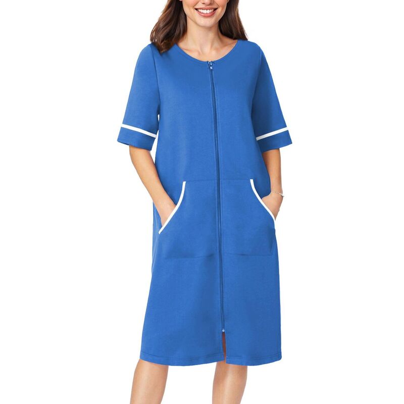 エコアー レディース アンダーウェア ナイトウェア コート Ekouaer Womens Zipperobe Short Sleeve Duster Housecoat Short Bathrobes Zip Front Nightgown Blue ブルー｜ReVida 店
