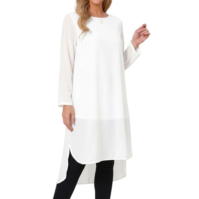 インスパイア シック レディース トップス シャツ シフォン アシンメトリー ブラウス INSPIRE CHIC Women's High Low Topscoop Neck Chiffon Blouse Asymmetricaloose Shirt Long Sleeve Side Splitops White ホワイト｜ReVida 店