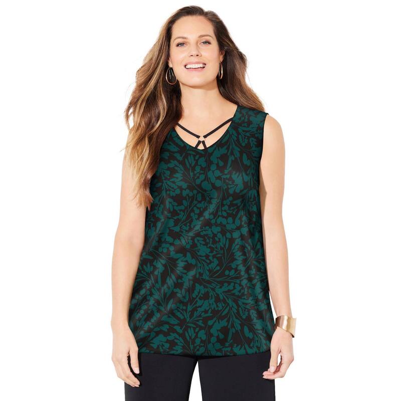 キャサリンズ レディース トップス Tシャツ プラスサイズ Catherines Women's Plusize Anywear Tank Emerald Black Floral ブラック｜ReVida 店