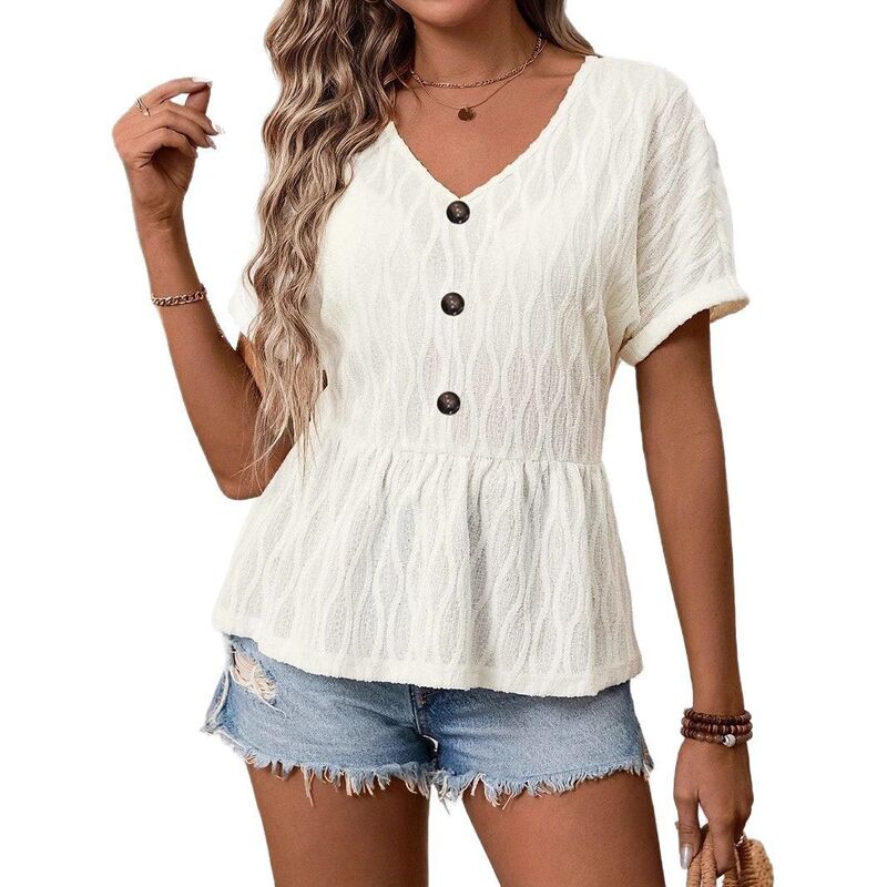 クリアフラワー レディース トップス シャツ Vネック ブラウス ClearFlower Women's V-Neck Short Sleeve Top with Decorative Buttons Casualoose Fit Pelpum Hem Blouse Beige ベージュ｜ReVida 店