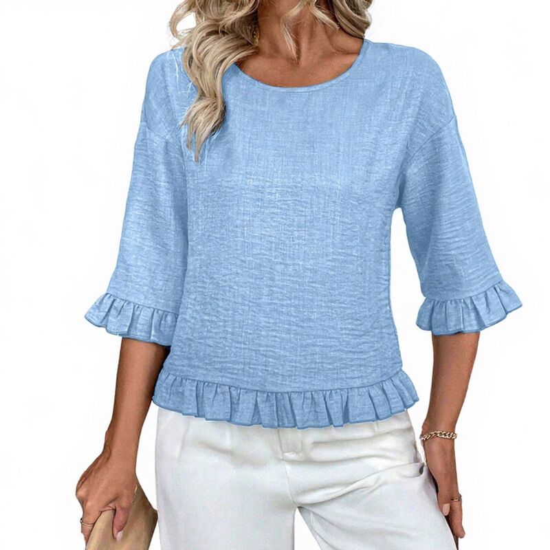 クリアフラワー レディース トップス シャツ フリル ブラウス ClearFlower Women's Round Neck Blouse Casual 3/4 Ruffle Sleeve Loose Fit Casual T-Shirt Blue ブルー｜ReVida 店