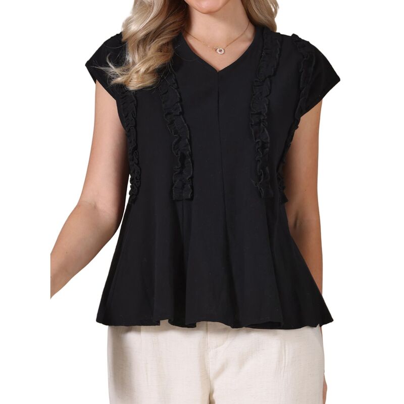 インスパイア シック レディース トップス シャツ Vネック ブラウス リネン INSPIRE CHICasual Short Sleeve Basic Tops V Neck Blouse Casualinen Loose Fit Peplum Tops Black ブラック|ReVida 店
