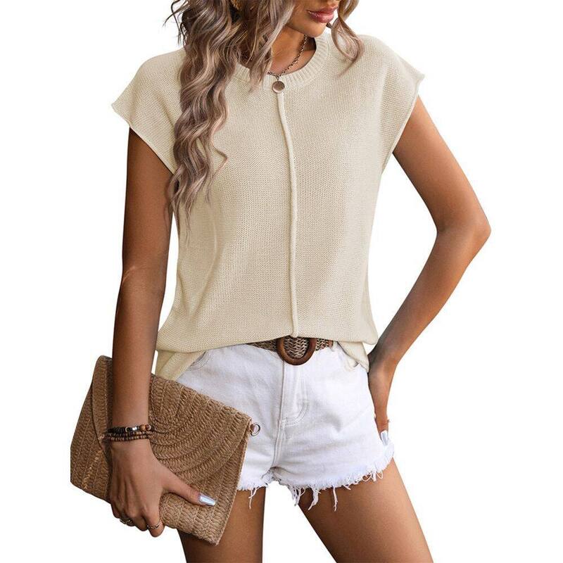 イエスファッション レディース アウター ニット・セーター ベスト キャップ ブラウス Yesfashion Women's Casual Knit Sweater Casual Business Cap Sleevest Lightweight Summer Blouse Apricot アプリコット｜ReVida 店