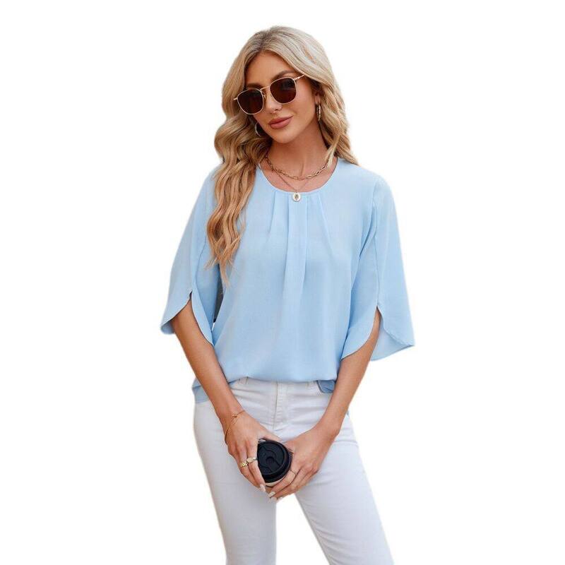 イエスファッション レディース トップス シャツ シフォン ブラウス Yesfashion Womens 3/4 Sleeve Blouse Dressy Casual Chiffon Work Office Shirtsummer Tops Light Blue ブルー|ReVida 店