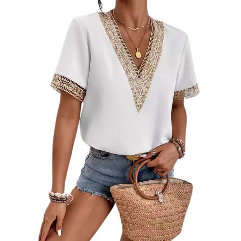 イエスファッション レディース トップス シャツ Vネック フラワー柄 ブラウス レース フラワー Yesfashion Womens Casual Short Sleeve Shirts Lace V Neck Color Block Dressy Tops Hollow Floral Blouses T Shirts White ホワイト｜ReVida 店