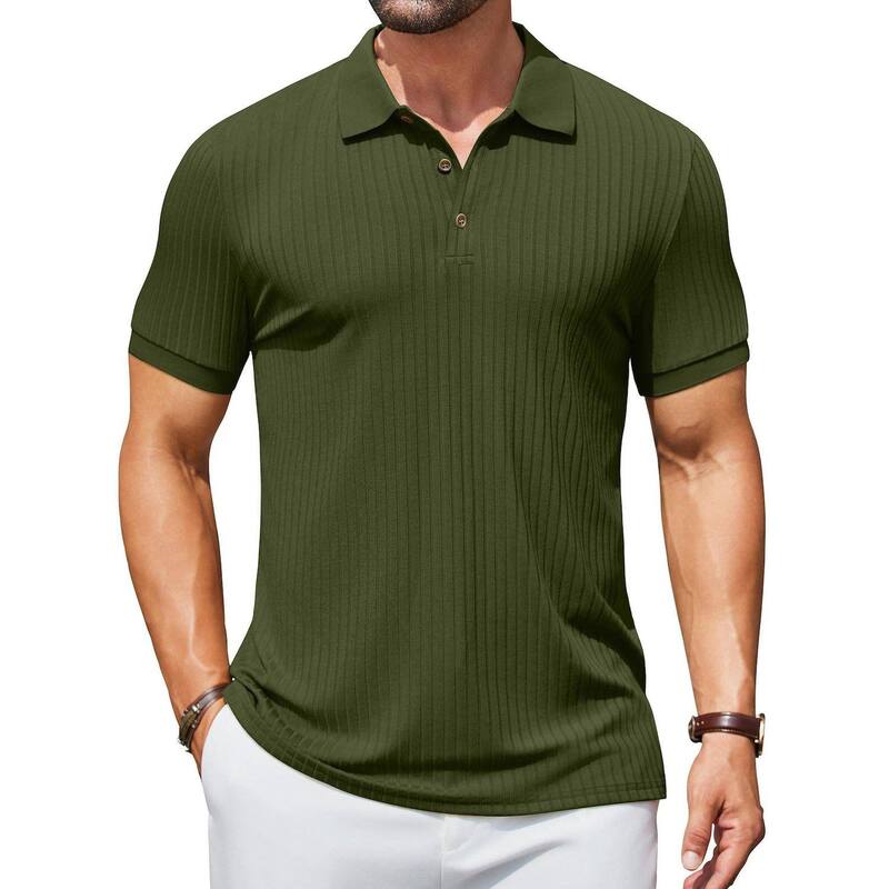 クーファンディ メンズ トップス Tシャツ スリムフィット ポロシャツ リブ COOFANDY Men's Ribbed Polo Shirtshort Sleeve Casual Slim Fit Golf Shirt Polo T-Shirts Army Green グリーン｜ReVida 店