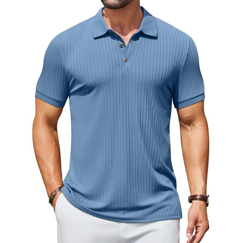 クーファンディ メンズ トップス Tシャツ スリムフィット ポロシャツ リブ COOFANDY Men's Ribbed Polo Shirtshort Sleeve Casual Slim Fit Golf Shirt Polo T-Shirts Demin Blue ブルー｜ReVida 店