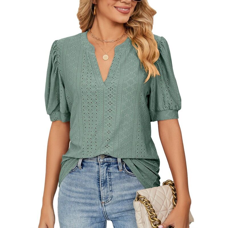 イエスファッション レディース トップス シャツ Vネック ブラウス Yesfashion Women'summer Hollow Out Blouseshort Sleeve Business Dressy Casual V Neck Tops Green グリーン｜ReVida 店