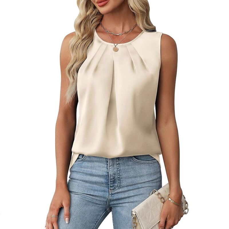 ジョイジョイ レディース トップス シャツ クルーネック プリーツ サテン ノースリーブラウス JoyJoy Women Summer Pleated Crew Neck Satin Tank Top Simple Sleeveless Blouse Casual Versatile Pullover Top Apricot アプリコット｜ReVida 店