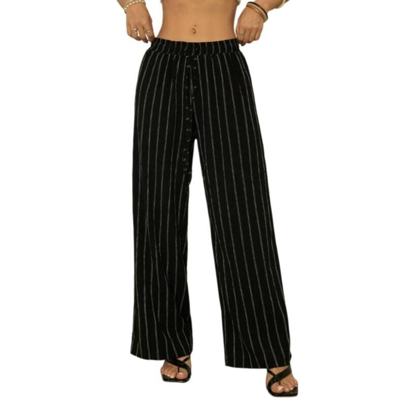 イエスファッション レディース ボトムス カジュアルパンツ ハイウエスト Yesfashion Women'striped High Waistie Front Drawstring Palazzo Pants Black ブラック｜ReVida 店