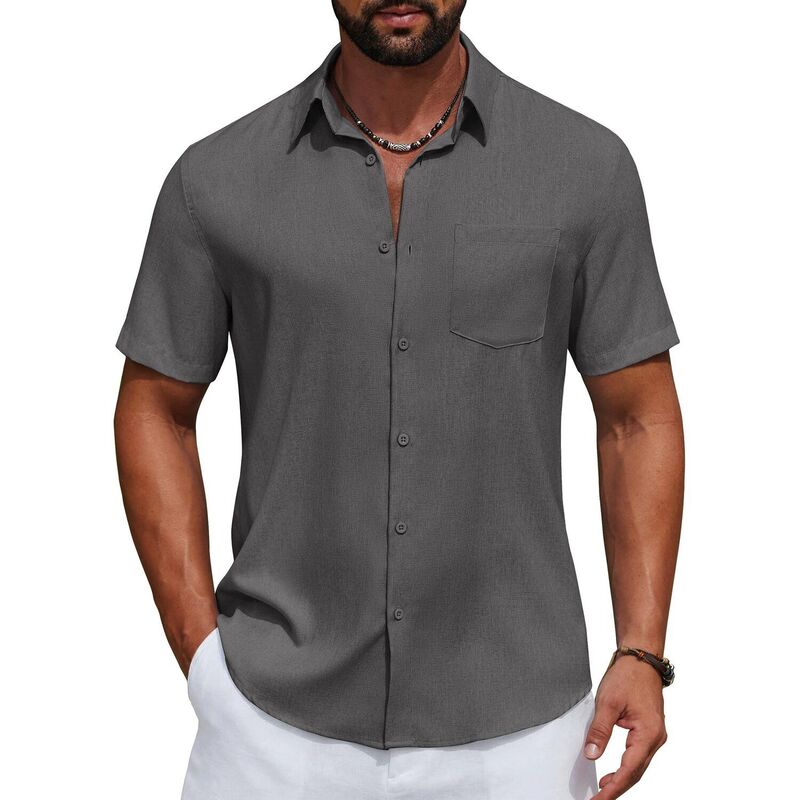 クーファンディ メンズ トップス Tシャツ ボタンダウン コットン ダウン リネン COOFANDY Men' Linen Shirts Casual Button Down Shirt Short Sleeve Cotton Linen Shirts for Men Dark Grey グレー｜ReVida 店 8,495円