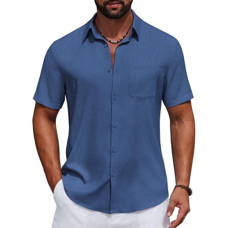 クーファンディ メンズ トップス Tシャツ ボタンダウン コットン ダウン リネン COOFANDY Men' Linen Shirts Casual Button Down Shirt Short Sleeve Cotton Linen Shirts for Menavy Blue ネイビー｜ReVida 店 8,840円