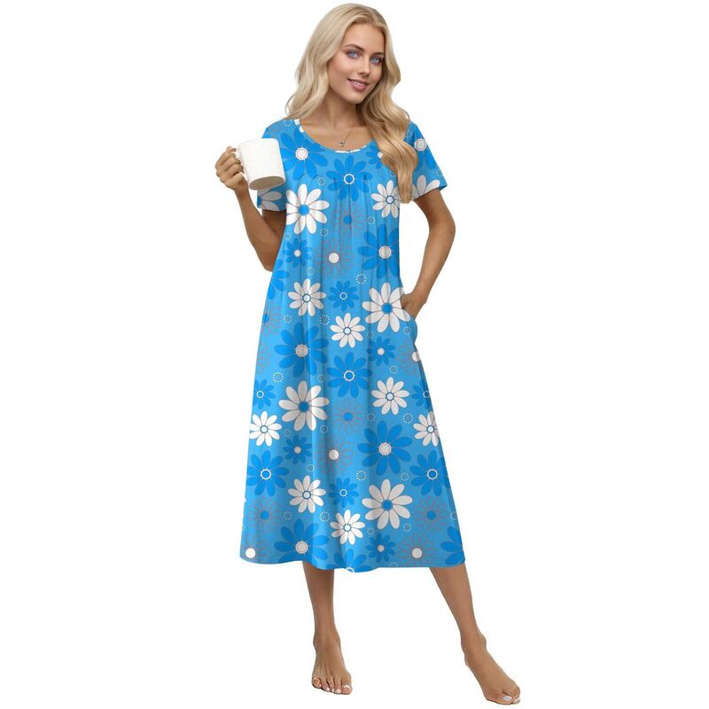 エコアー レディース アンダーウェア ナイトウェア コットン Ekouaer Cottonightgowns for Women Long House Dresses with Pockets Night Gownshort Sleeve Blue Flower ブルー｜ReVida 店