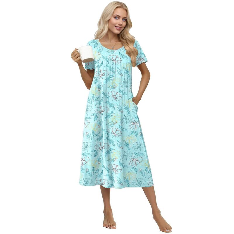 エコアー レディース アンダーウェア ナイトウェア コットン Ekouaer Cottonightgowns for Women Long House Dresses with Pockets Night Gownshort Sleeve Teal Flower ティール｜ReVida 店