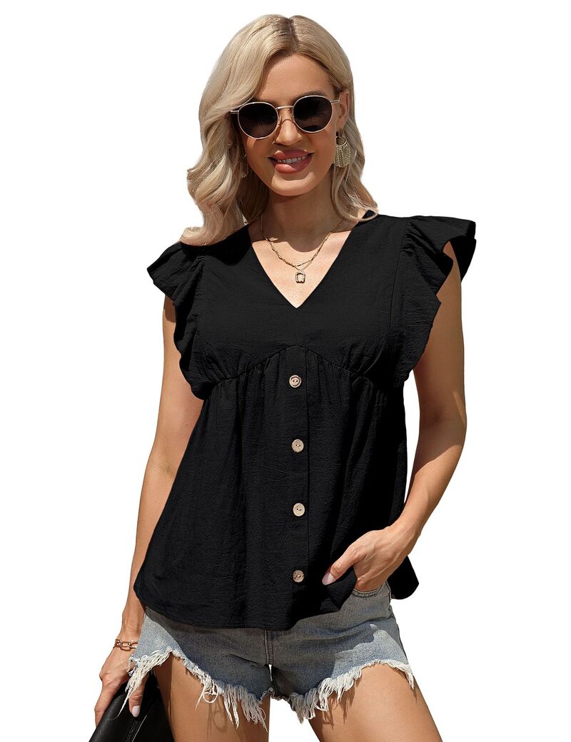 ファンジュライ レディース トップス シャツ Vネック フリル FUNJULY Women's Babydoll V Neck Ruffle Sleeve Button Front Casual T Shirt Black ブラック|ReVida 店